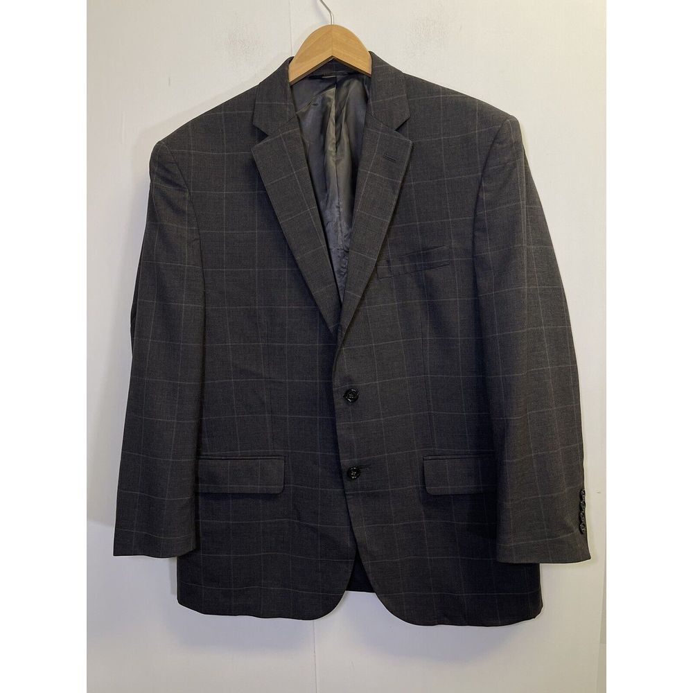 Jos A Bank Blazer Jacket Size 43R Gray Windowpane 2 Button Wool Single Vent